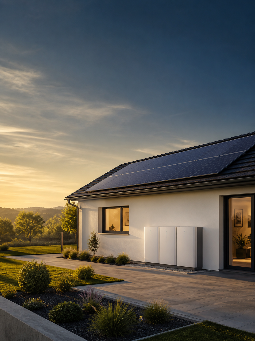 Locuință cu panouri fotovoltaice și sistem de stocare exterior